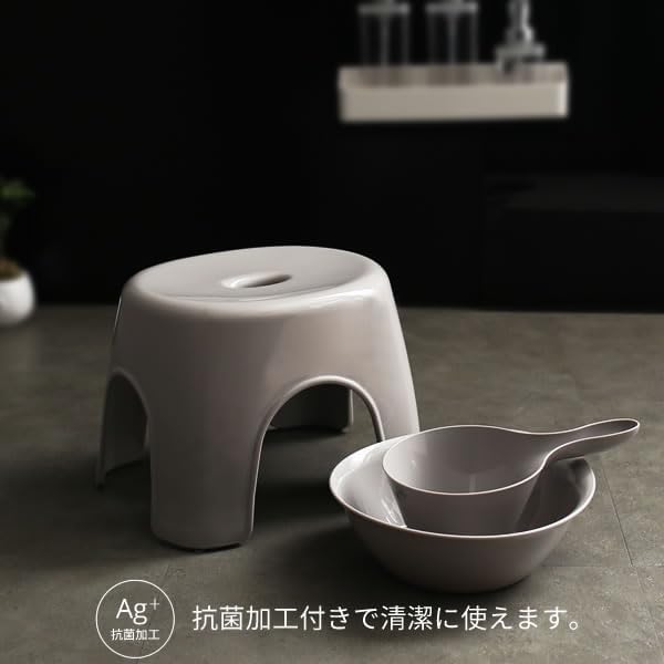 【ザッカLab.オリジナルセット】アスベル Emeal エミール 風呂椅子セット【手おけ+湯おけ+風呂イスセット】 座面高さ24cm グレー ｜ バスチェア バススツール 手桶 湯桶 風呂いす ニュアンス くすみ カラー バス用品 腰掛け 浴室 洗い場 抗菌 画像 2