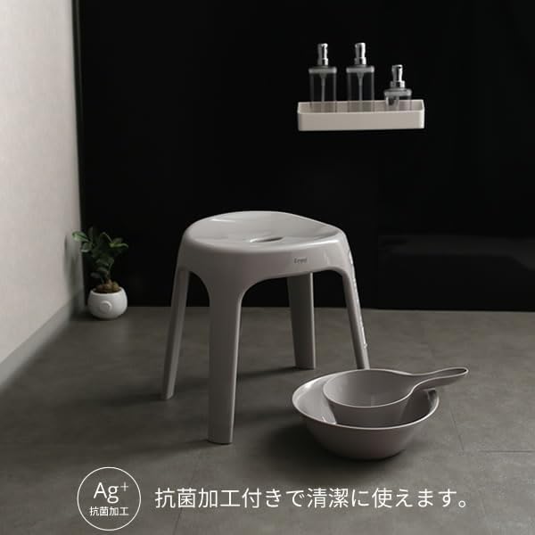 【ザッカLab.オリジナルセット】アスベル Emeal エミールS 風呂椅子セット【手おけ+湯おけ+風呂イス】座面高さ35cm グレー ｜ バスチェア バススツール 手桶 湯桶 風呂いす ニュアンス くすみ カラー バス用品 腰掛け 浴室 洗い場 抗菌 画像 2