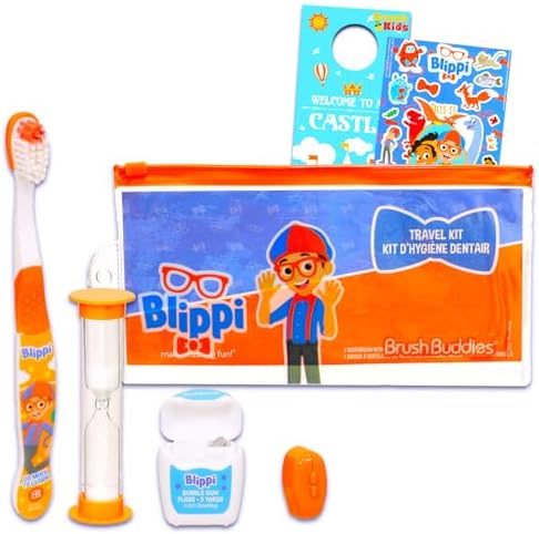 Blippi 子供用歯ブラシトラベルセット - 手動歯ブラシ、キャップ、フロス、タイマー、バッグ、ステッカーなどが付属 男の子、幼児向け|Blippiオーラルケアトラベルキット